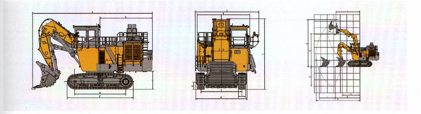 Габаритный чертёж: Карьерный экскаватор с фронтальной лопатой XCMG XE7000 (фронтальная лопата) — вид сбоку, вид спереди и диаграмма рабочей зоны с буквенными обозначениями размеров