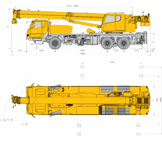 Габаритный чертёж: Автокран XCMG XCT20_S (повышенной проходимости) — вид сбоку, вид спереди и диаграмма рабочей зоны с буквенными обозначениями размеров